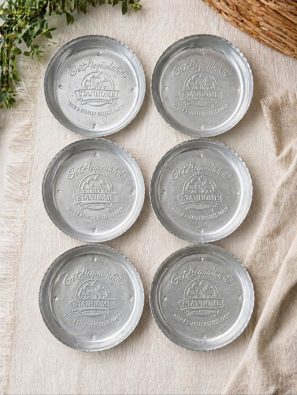 Vintage 1950s Stanhome Aluminum Coasters Set of 6 “Get Acquainted” Hostess Party
